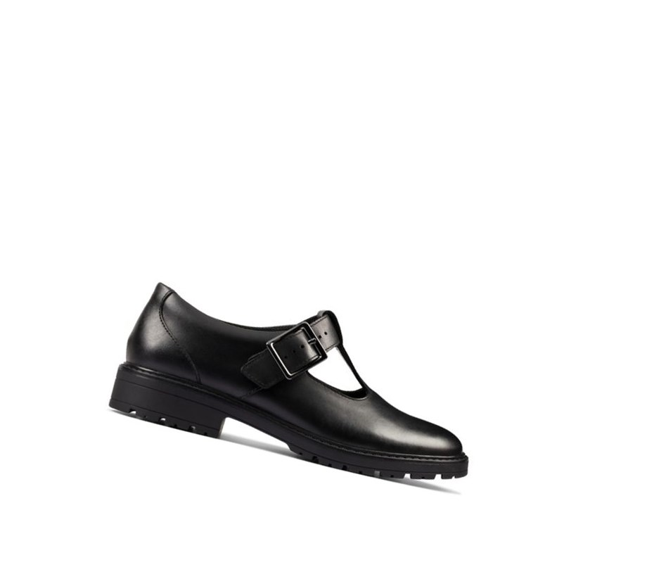 Fille Chaussures D'école Clarks Loxham Shine Cuir Noir - france DOW-54637624