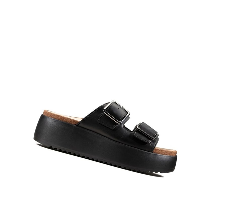 Femme Sandales Compensées Clarks Botanic Claquette Cuir Noir - france IHD-04125436