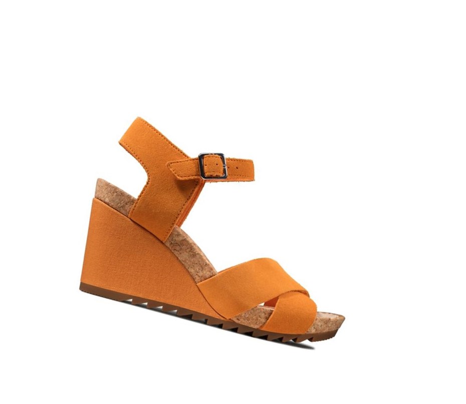 Femme Sandales Compensées Clarks Flex Sun Daim Orange - france DKI-75048967