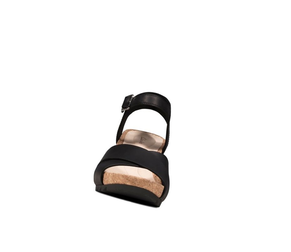 Femme Sandales Compensées Clarks Flex Sun Cuir Noir - france MRB-99585452