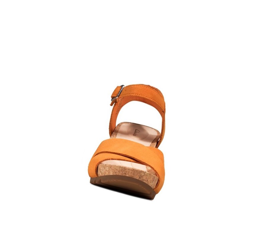 Femme Sandales Compensées Clarks Flex Sun Daim Orange - france DKI-75048967