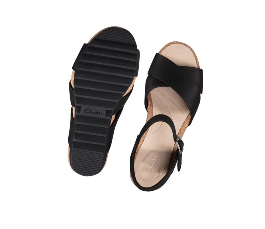 Femme Sandales Compensées Clarks Flex Sun Cuir Noir - france MRB-99585452