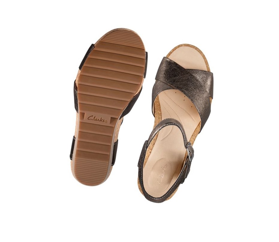 Femme Sandales Compensées Clarks Flex Sun Cuir Doré - france ZCH-32881839