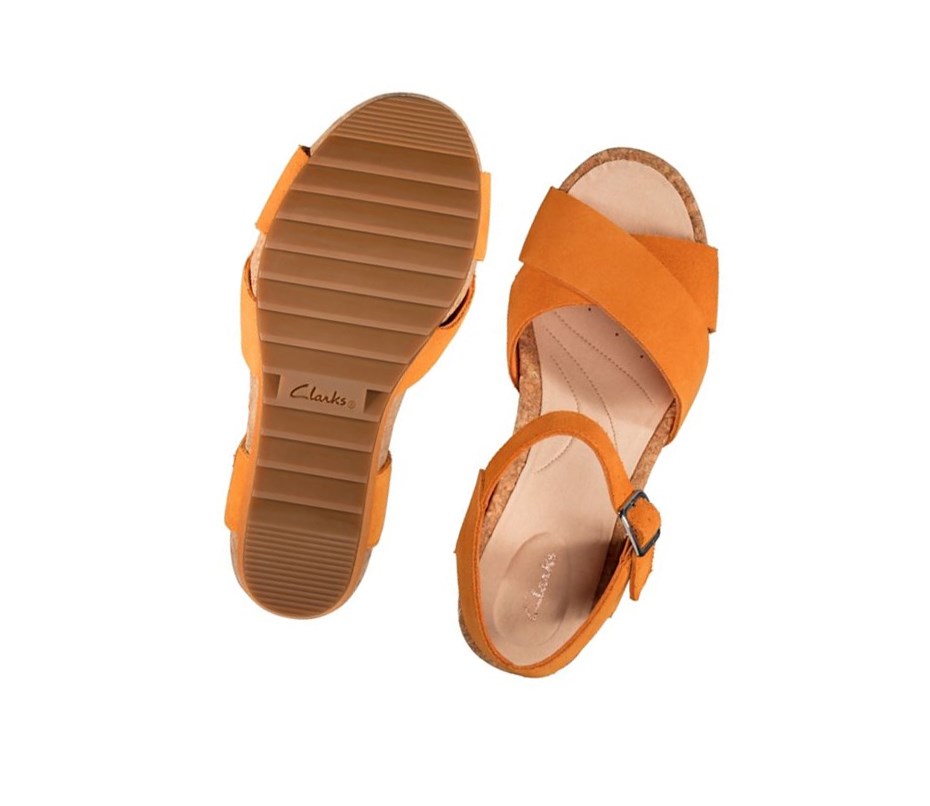 Femme Sandales Compensées Clarks Flex Sun Daim Orange - france DKI-75048967