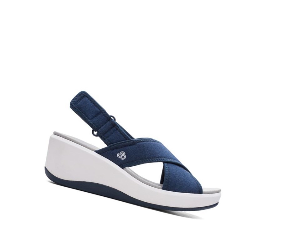 Femme Sandales Compensées Clarks Step Cali Cove Textile Bleu Marine - france GVI-03998787