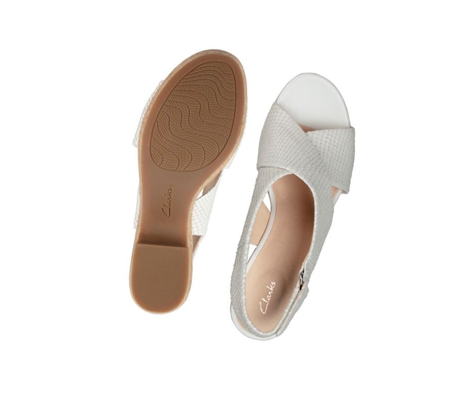 Femme Sandales Compensées Clarks Maritsa Lara Cuir Blanche Serpent - france YSX-01362910