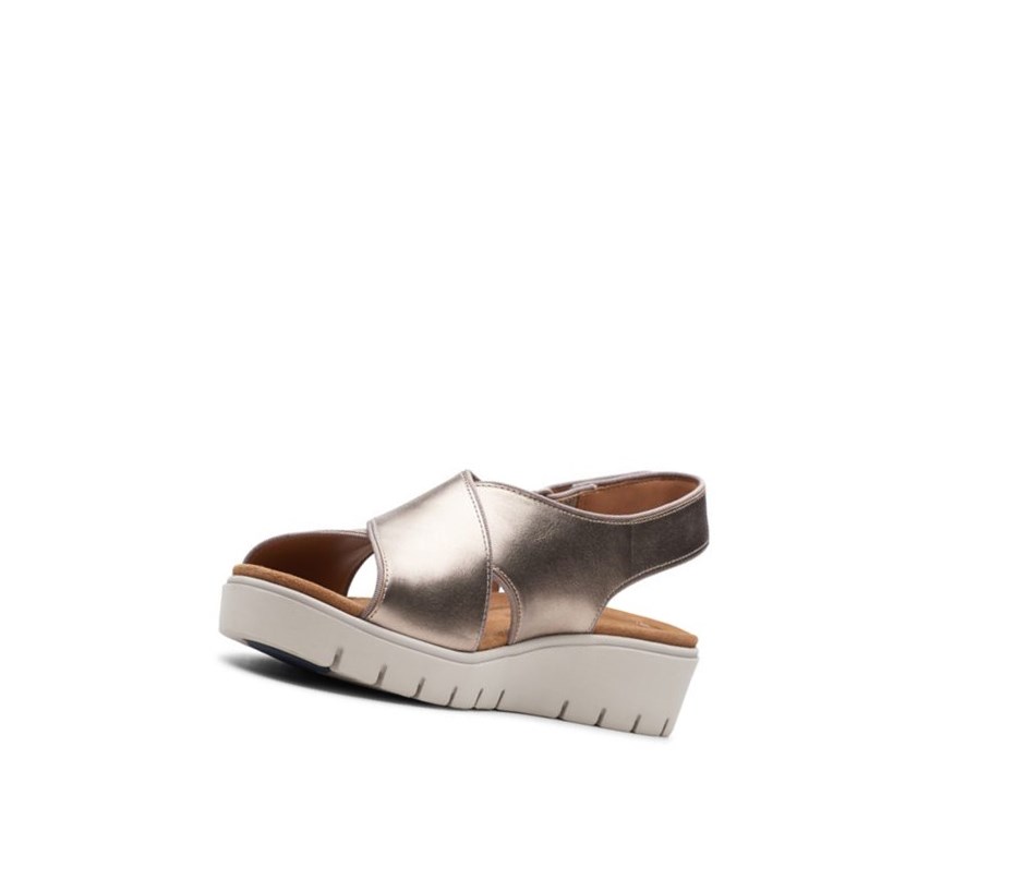 Femme Sandales Compensées Clarks Un Karely Sun Cuir Doré Metal - france XZV-74743186