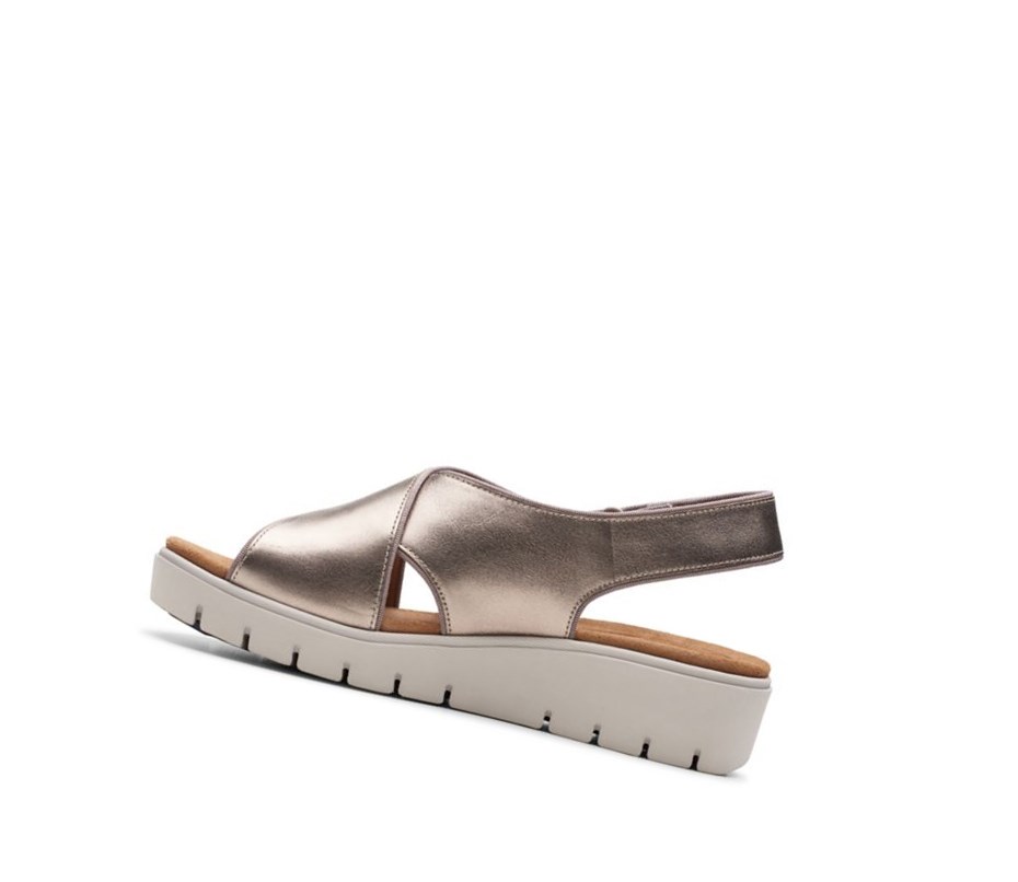 Femme Sandales Compensées Clarks Un Karely Sun Cuir Doré Metal - france XZV-74743186